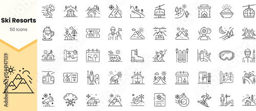 A collection of ski resort icons showcasing various winter sports and activities, including skiing, snowboarding, and apr�s-ski leisure, in a minimalist design.