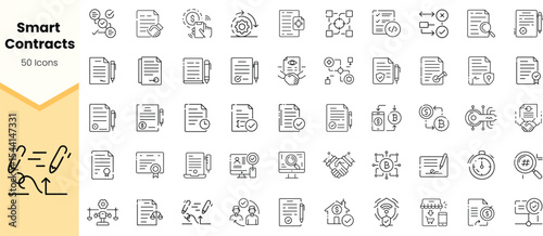A collection of icons representing smart contracts in a modern, minimalist style, featuring various symbols of agreements, blockchain technology, and digital transactions.