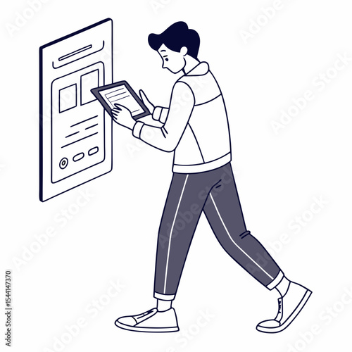 Young man using tablet to interact with digital interface