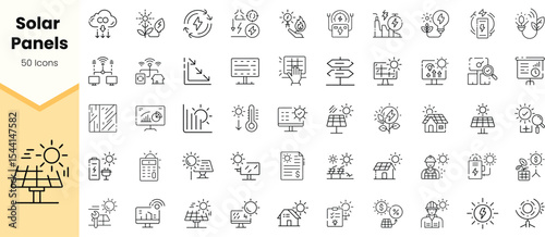 A collection of icons related to solar panels, featuring minimalist designs representing energy efficiency, sustainability, and solar technology in a clean, modern style.