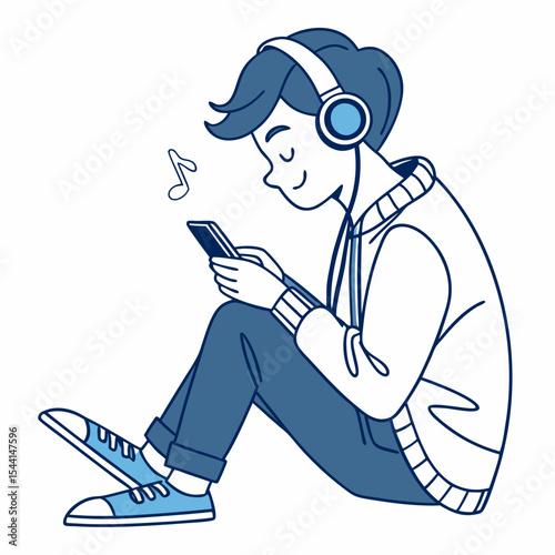 Young man listening music smartphone headphones sitting