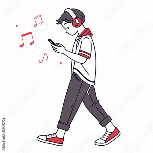 Teen boy walking listening music headphones phone