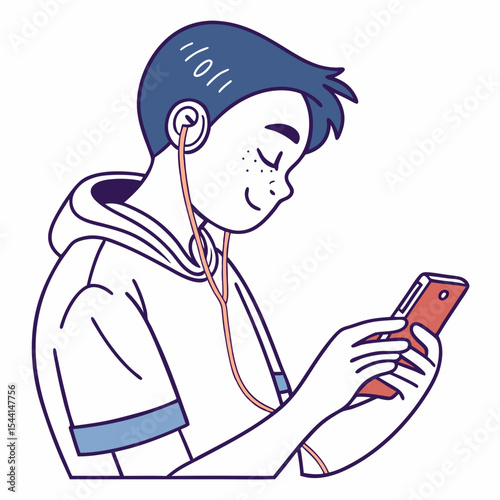 Teen boy listening music smartphone headphones