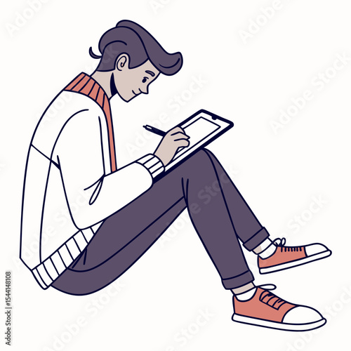 Young man sitting floor using digital tablet