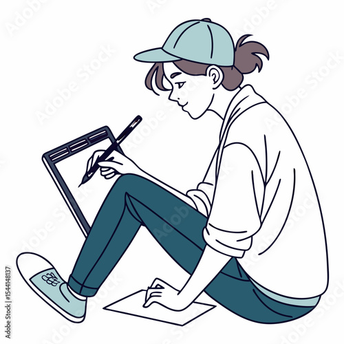 Young woman artist drawing on graphics tablet