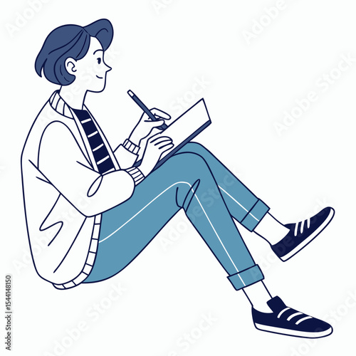 Young person sitting floor writing notes sketching