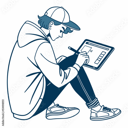 Young artist working on digital tablet drawing