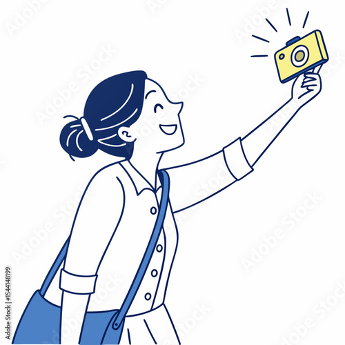Happy woman taking selfie photo camera transparent background