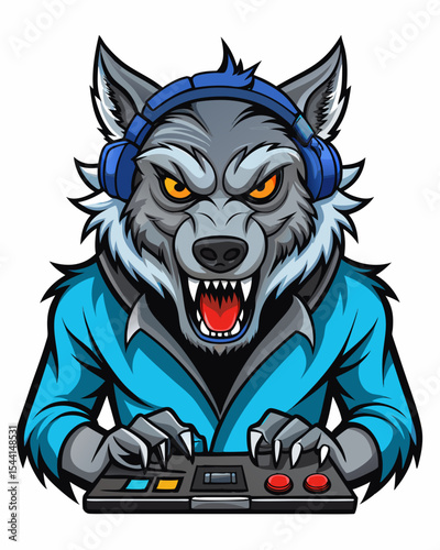 angry Wolf DJ realistic  design and bold line black  , white background ,full  color
