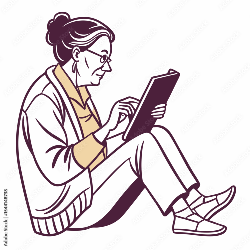 Fototapeta premium Elderly woman sitting using tablet device