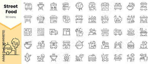 A diverse collection of street food icons, featuring various cuisines and food trucks in a modern, minimalist design.