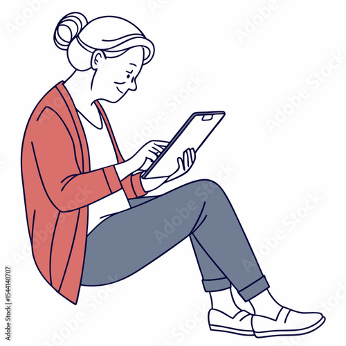 Senior woman using tablet, clean cutout, transparent background