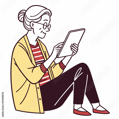 Senior woman using tablet, clean cutout, transparent background