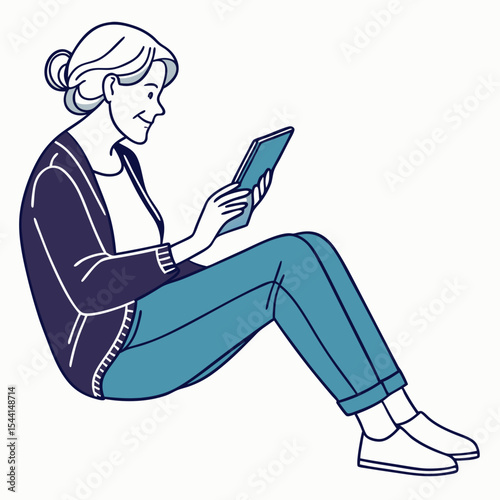 Senior woman using tablet, clean cutout, transparent background