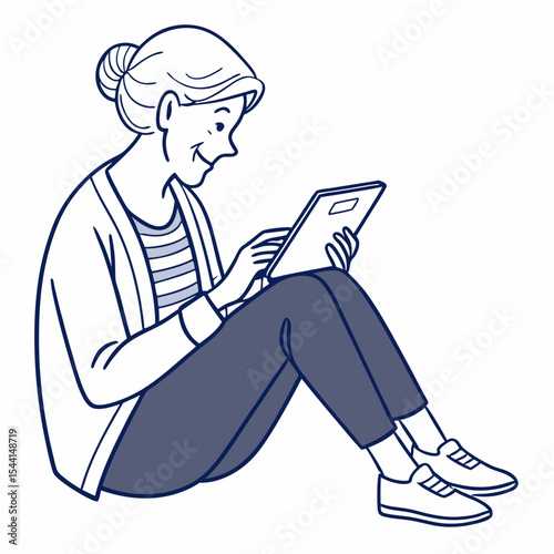 Senior woman sitting floor using tablet device