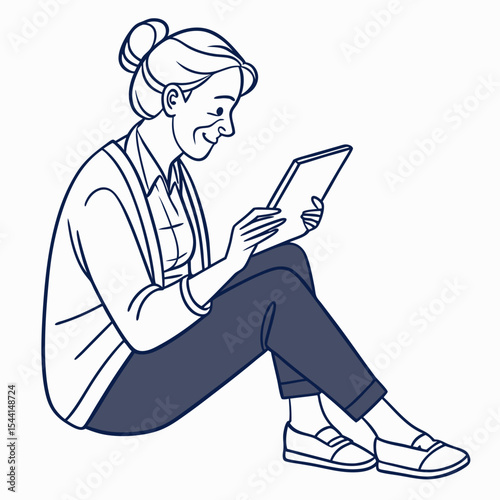 Senior woman sitting floor using tablet device