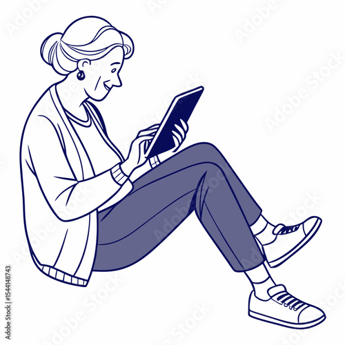 Senior woman sitting using tablet digital device