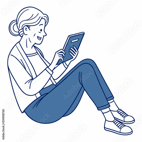 Senior woman sitting using tablet happy smiling