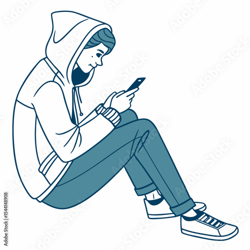Young person sitting using smartphone hoodie