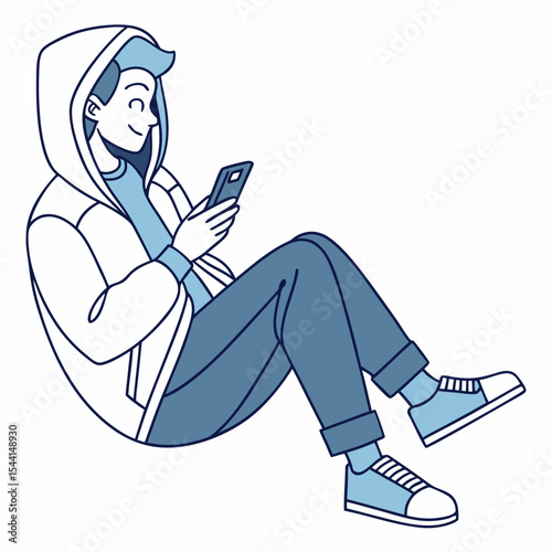 Young man in hoodie using smartphone relaxed pose