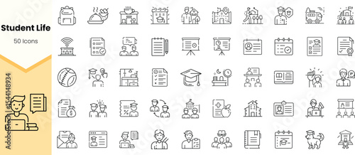 A collection of line icons representing student life, showcasing academics, activities, and social elements relevant to education and campus experiences.