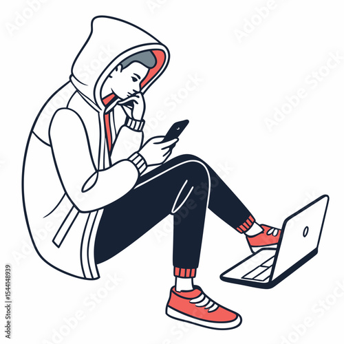 Young man in hoodie using phone laptop