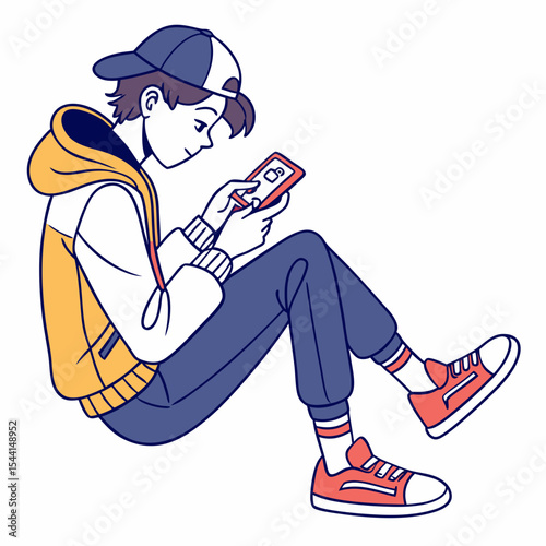 Teenager boy using smartphone sitting floor casual