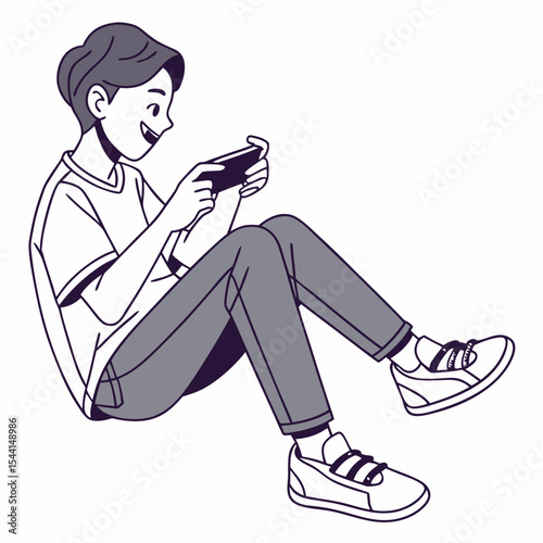 Boy playing mobile game sitting floor happy