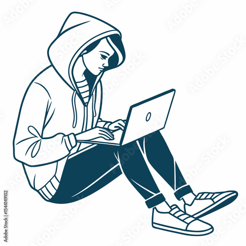 Young person in hoodie using laptop computer