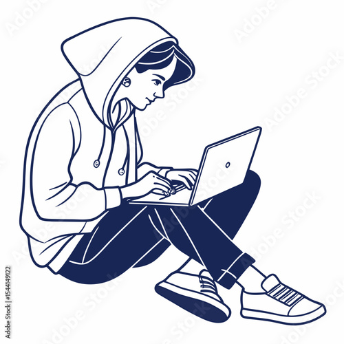 Woman in hoodie using laptop, clean cutout, transparent background