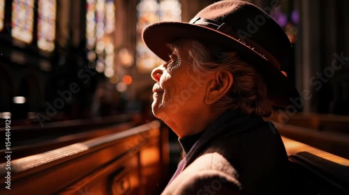 Elderly woman smiles gently while gazing at the altar in the cathedral. Slow motion. 4K.
