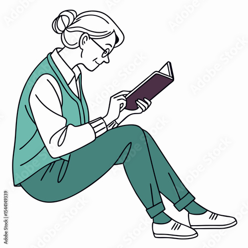 Senior woman reading book, clean cutout illustration