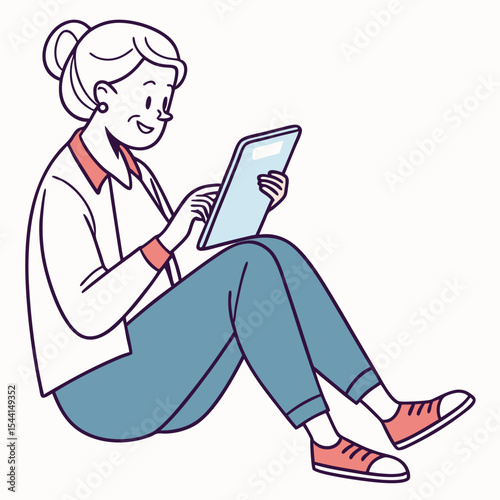 Senior woman sitting floor using tablet device