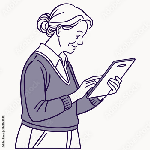 Senior woman using tablet, clean cutout, transparent background