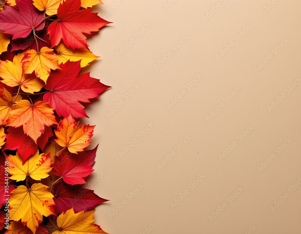 Obraz premium vibrant autumn leaves arranged in a row on the left side of the image, set against a warm background, plenty of copy space on the right for photo use.