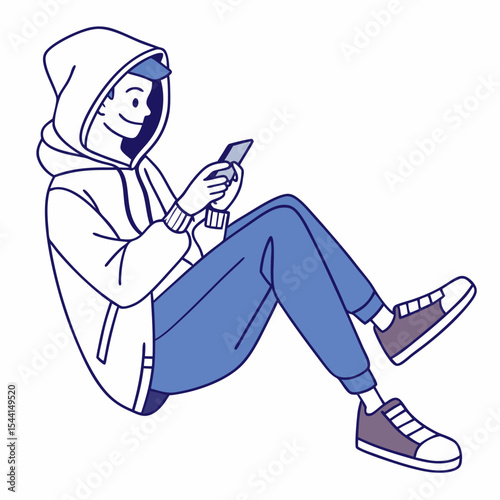 Young man in hoodie using smartphone sitting