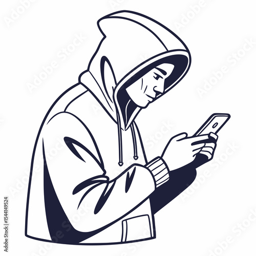 Hooded man using smartphone secretly online activity