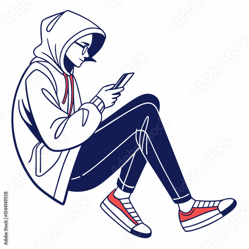 Young person sitting using smartphone casual style