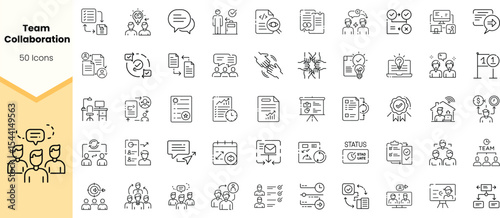 A collection of line icons illustrating team collaboration concepts, including communication, planning, and teamwork, showcasing a modern design suitable for various applications.