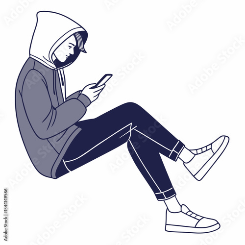 Young person in hoodie using smartphone sitting