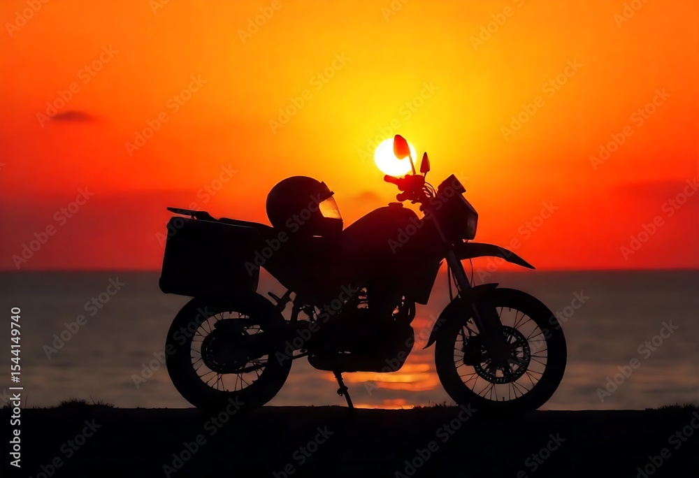 Fototapeta premium Generative AI image of a motorcycle silhouette against a vibrant sunset near the ocean