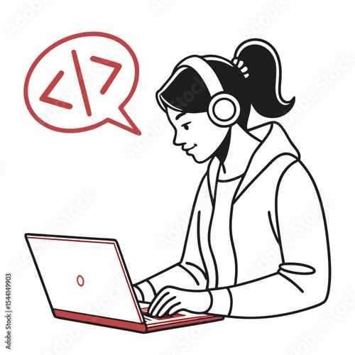 Young woman coder working on laptop with transparent background