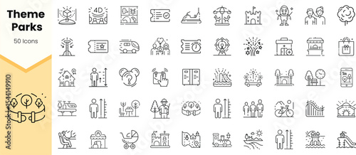A collection of theme park icons showcasing attractions, rides, and characters, in a minimalist black line art style. Perfect for design projects and presentations.