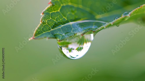 Dew Droplets Falling from a Leaf in Macro View