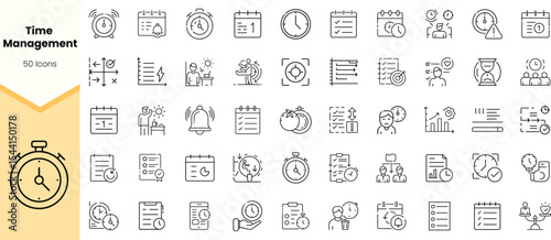 A collection of minimalist time management icons featuring clocks, schedules, timers, and productivity symbols, perfect for enhancing workflow and organization.