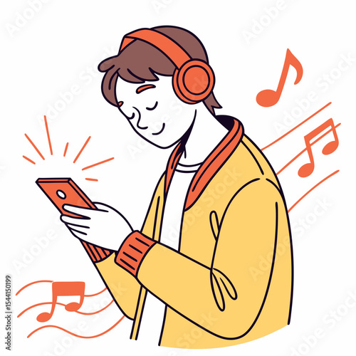Young man listening music smartphone headphones