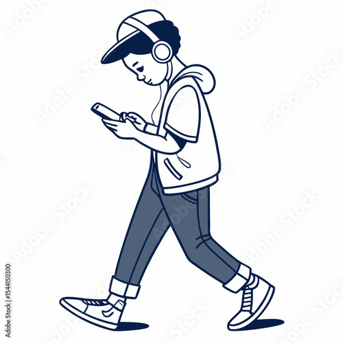 Young person walking listening music smartphone