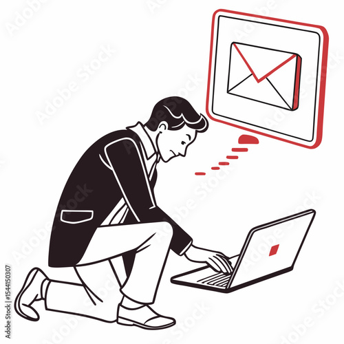 Professional businessman checking email on laptop, clean cutout