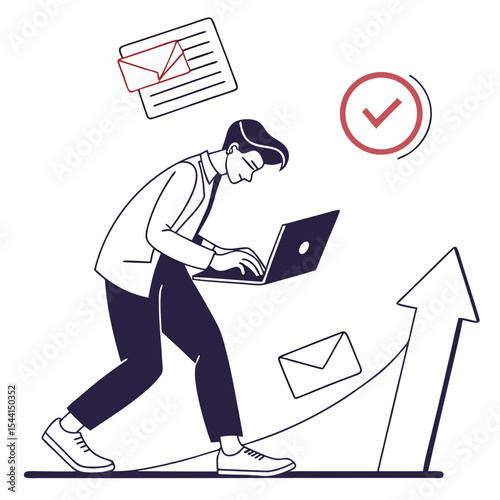 Businessman working laptop climbing growth arrow success
