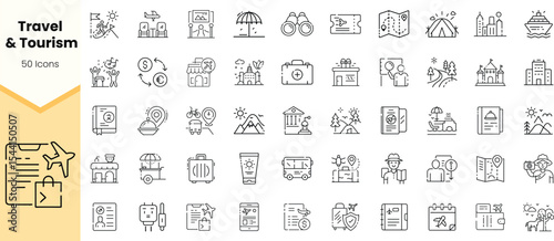 A collection of travel and tourism icons, showcasing activities like sightseeing, transportation, nature exploration, and tourist attractions in a minimalist style.